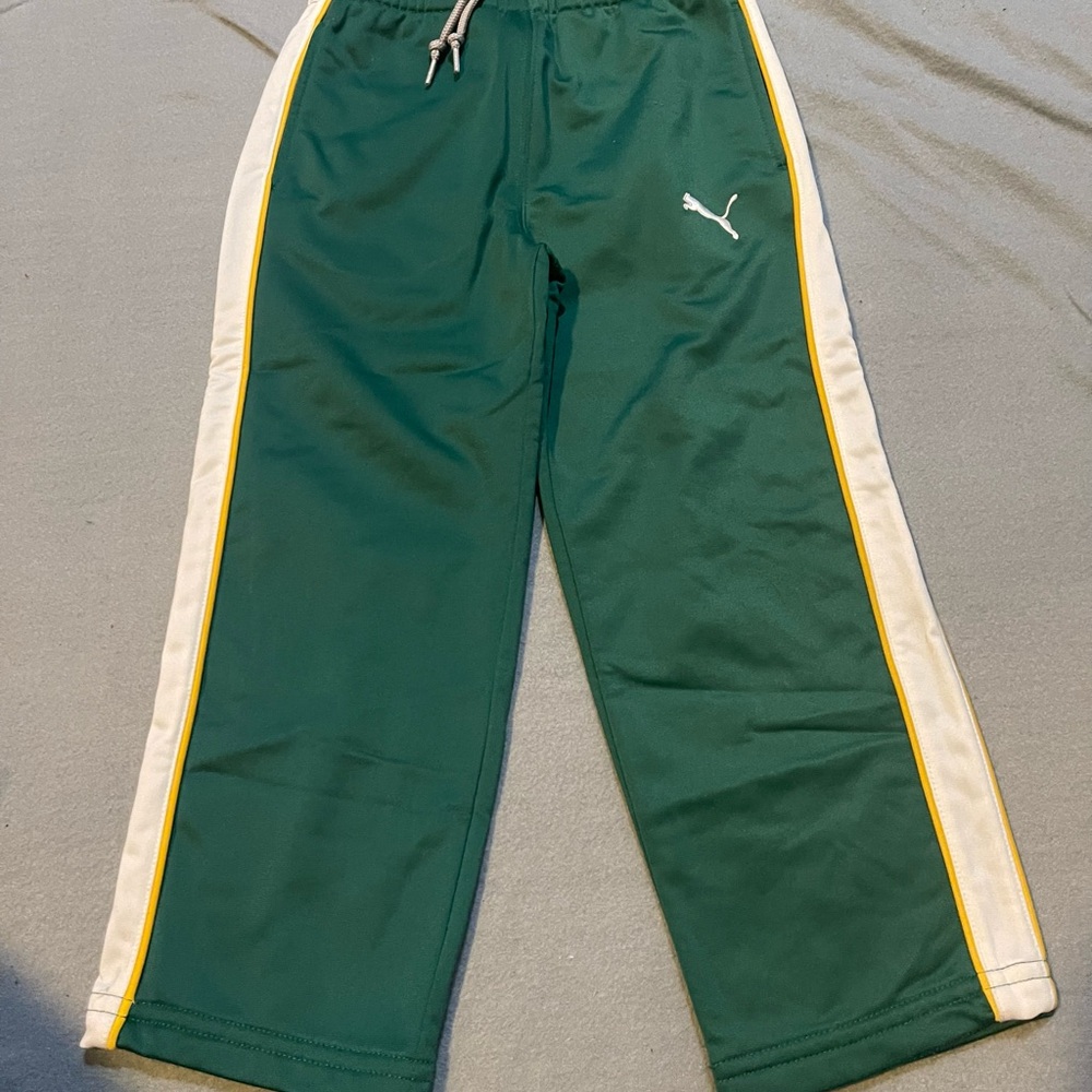 Puma Kids Green Joggers with White and Yellow Stripes